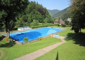 a large blue swimming pool in a grassy yard at Hotel Waldeck in Todtnau in Todtnau