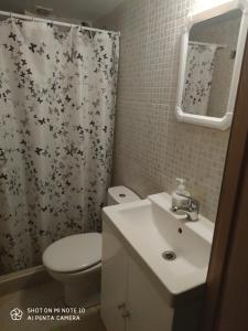 a bathroom with a toilet and a sink and a shower curtain at Habitación JC in Madrid