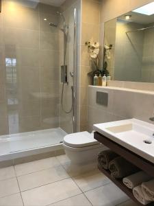 a bathroom with a shower and a toilet and a sink at South Craighall B&B in Eaglesham
