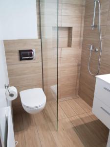 a bathroom with a toilet and a glass shower at Dom Przy Plaży in Dziwnówek