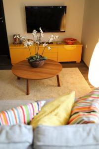 a living room with a coffee table and a tv at Luxury Apartment RougeMarin in Pakoštane