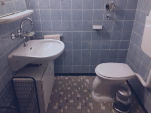 a bathroom with a white toilet and a sink at Monteurwohnung - Business Apartment in Wertheim
