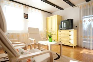 a living room with a tv and some chairs at Apartments Mencinger in Bohinj