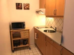 a small kitchen with a sink and a microwave at Steiner Strandappartements Appartement 205 Seeseite in Stein