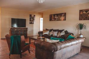 a living room with a leather couch and a tv at FeWo Golden Palace in Ettenheim