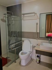 a bathroom with a toilet and a shower and a sink at Cresebo Mansion in Tagbilaran City