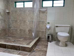 y baño con ducha, aseo y bañera. en Sierra Morena Eco Hotel, en Filandia