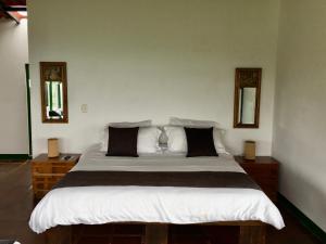 Sierra Morena Eco Hotel في فيلانديا: غرفة نوم بسرير كبير مع مرايين