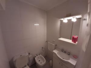 uma casa de banho com um WC, um lavatório e um espelho. em Apartamento centrico amueblado em Mendoza
