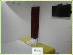 卡塔赫纳HOTEL CASA GARCES的客房设有一张床和一台平面电视。 更多18张照片