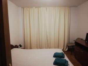 a small bedroom with two beds and a window at Apartament Central Vatra Dornei in Vatra Dornei