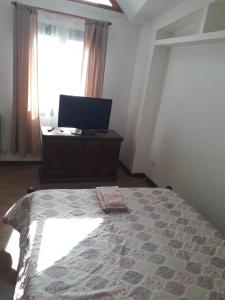 Schlafzimmer mit einem Bett, einem TV und einem Fenster in der Unterkunft Ses Hunnica in Ushuaia