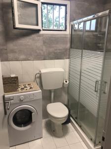 een kleine badkamer met toilet en douche bij Aster Beach House in Néa Thésis