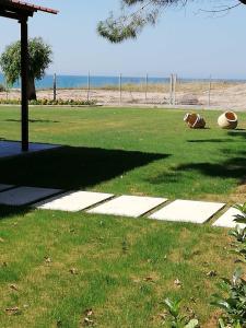 een schaduw van een boom op een grasveld bij Aster Beach House in Néa Thésis +16 foto's