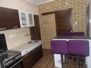 ハイドゥソボスローにあるGábriel Apartmanのキッチン(コンロ、紫色のバースツール付)