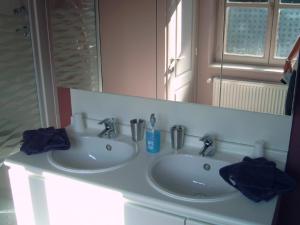 uma casa de banho com 2 lavatórios e um espelho em LE CHAT NOIR em Ypres