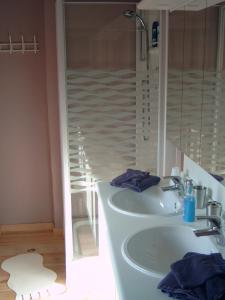 een witte badkamer met een wastafel en een douche bij LE CHAT NOIR in Ieper