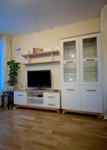 una sala de estar con un gran centro de entretenimiento blanco en Vaļņu Ielas Apartments, en Cēsis