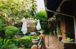 a patio with two white umbrellas in a garden at Amper Bo Guest House in Pretoria