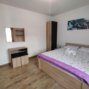 1 dormitorio con 1 cama y suelo de madera en Guest House Šapina, en Korenica