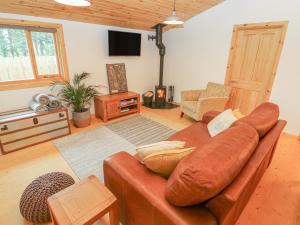 uma sala de estar com um sofá de couro castanho e uma televisão em Willow Lodge em Tenby