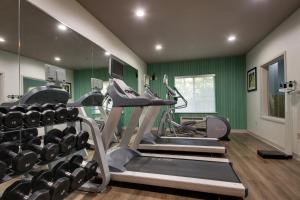 einen Fitnessraum mit Laufbändern und grünen Wänden in der Unterkunft Holiday Inn Express Hotel & Suites Middleboro Raynham, an IHG Hotel in Middleboro