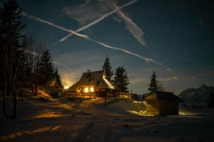 una cabaña de madera en la nieve por la noche en Chalet Tisa Velika Planina, en Stahovica