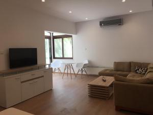 een woonkamer met een bank en een flatscreen-tv bij Modern 2 bedroom Beach Apartment in Limassol