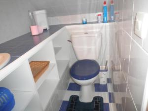 La salle de bains est pourvue de toilettes avec un siège bleu. dans l'établissement Appartement F1 mansardé à 100m de la plage, proche de Arromanches et des plages du Débarquement, à Saint-Côme-de-Fresné