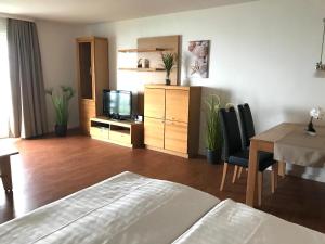 a room with a bed and a television and a table at Steiner Strandappartements Appartement 302 Seeseite in Stein