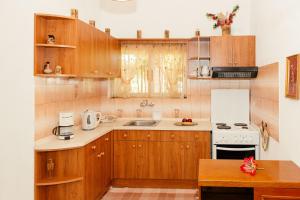 cocina con armarios de madera y estufa blanca en TETRAKTYS estate, en Ágios Matthaíos