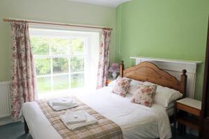 a bedroom with a bed with a large window at Plas Dolau Country Estate in Aberystwyth