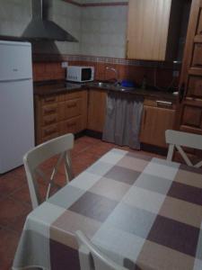 een keuken met een tafel met stoelen en een koelkast bij Apartamentos Turísticos Las Saladas in Chiprana