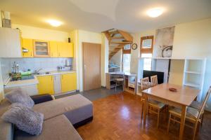 sala de estar y cocina con sofá y mesa en Relax apartment in Terme Banovci spa resort, en Veržej