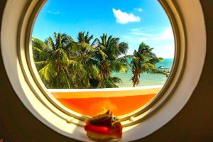 a window with a view of the ocean and palm trees at Seaside Villas in Caye Caulker