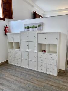 a white cabinet with two plants on top of it at HomeForGuest Cozy loft with parking next to the Arucas Cathedral in Arucas