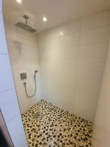 a bathroom with a shower with a checkered floor at Ferienwohnung Ines Wolf in der Meißner Innenstadt in Meißen