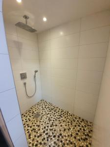 マイセンにあるFerienwohnung Ines Wolf in der Meißner Innenstadtのチェックフロアのバスルーム(シャワー付) +11枚の写真