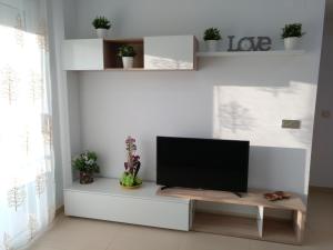 sala de estar con TV en una pared blanca en Apartamentos Blaucel, en Deltebre