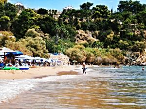 a man walking on the beach with a surfboard at Alex - Nancy Apartments - Zaga Beach in Koroni