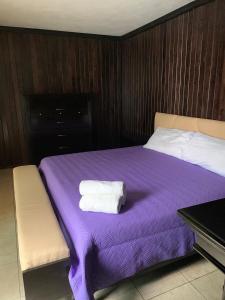 ein violettes Bett mit zwei weißen Handtüchern darauf in der Unterkunft Boutique Gym Salon juegos Tv Oficina Sanitizada in Toluca de Lerdo