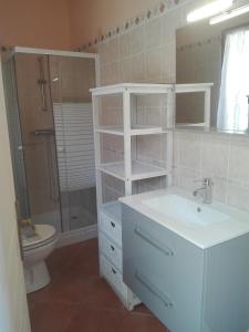 La salle de bains est pourvue d'un lavabo, d'une douche et de toilettes. dans l'établissement Gîte La Fontaine Corse, à Loreto-di-Casinca
