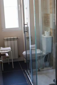 La salle de bains est pourvue de toilettes et d'une douche en verre. dans l'établissement Burgos Bulevar, à Burgos