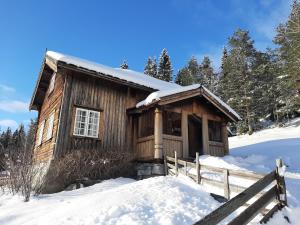 Gamlestugu Greivjord Fjellgard في Tuddal: كابينة خشبية صغيرة في الثلج