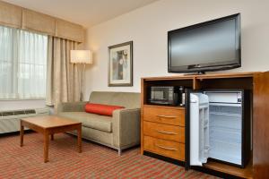 a living room with a couch and a flat screen tv at Holiday Inn Express Boston-Milford by IHG in Milford