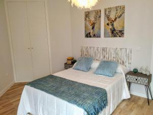 ein Schlafzimmer mit einem Bett und zwei Gemälden an der Wand in der Unterkunft apartamento La Coqueta in Santander