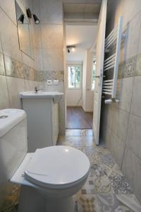 Stanford Guesthouse في بوخارست: حمام به مرحاض أبيض ومغسلة