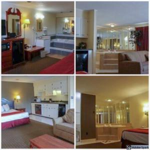 four different pictures of a living room and a kitchen at Lake View Inn & Suites in Florence
