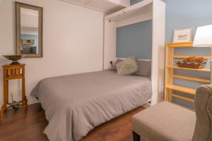 a bedroom with a bed and a mirror and a chair at Coastal Fox Den in Sechelt