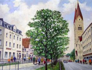 a painting of a tree on a city street at Hotel Weile in Weiden